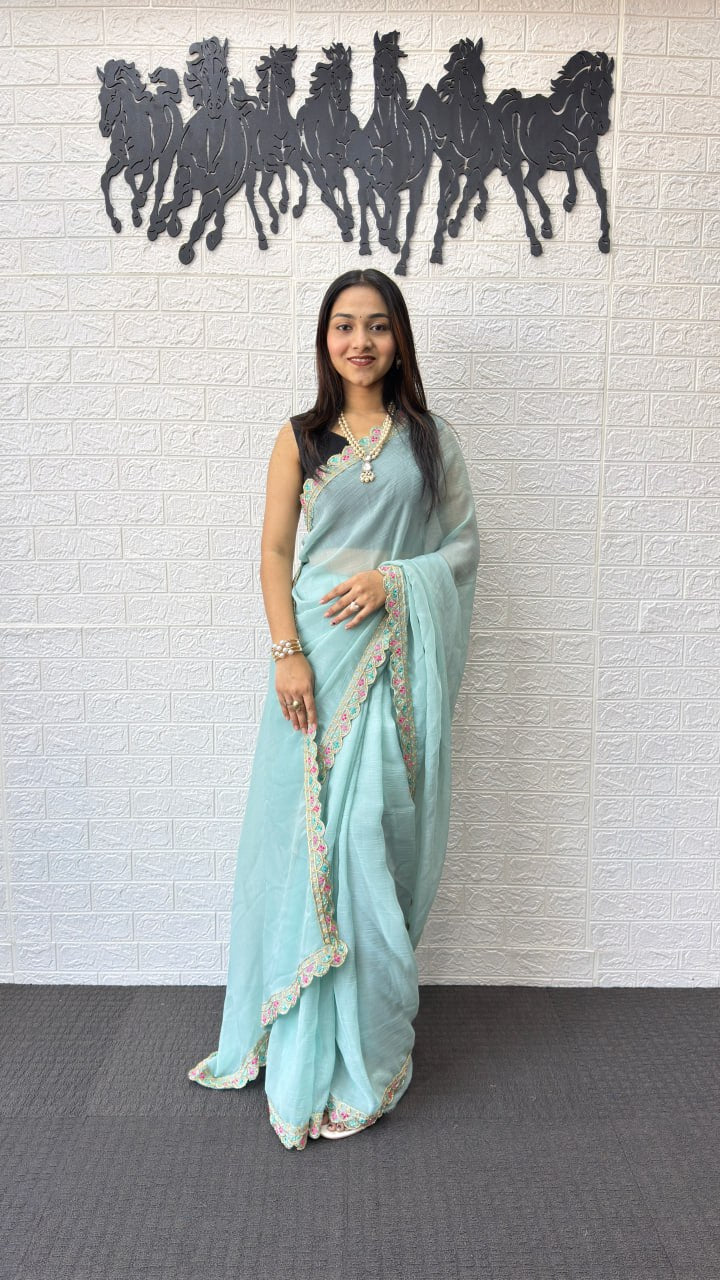 Powder Blue Fancy Saree with Designer Embroidery Work Border