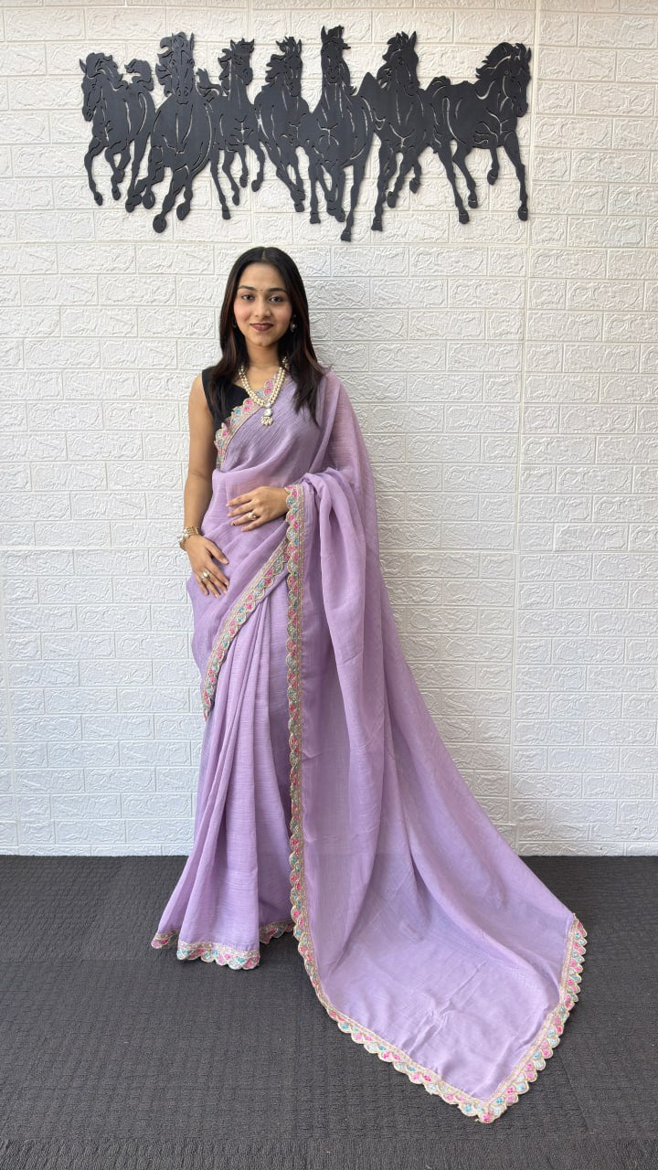 Lavender Fancy Saree with Designer Embroidery Work Border