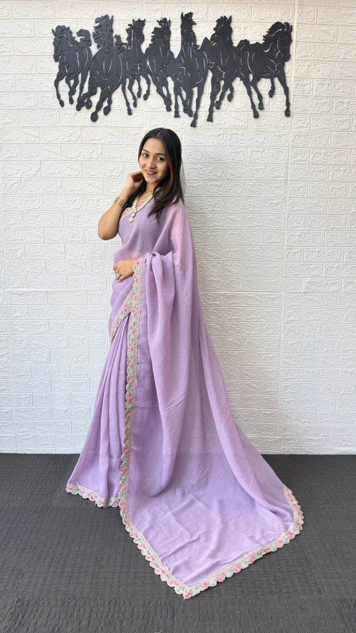 Lavender Fancy Saree with Designer Embroidery Work Border