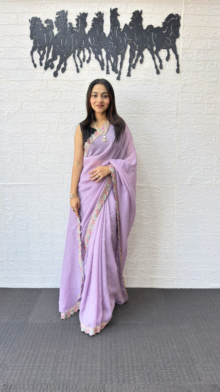Lavender Fancy Saree with Designer Embroidery Work Border