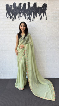 Pastel Sage Green Fancy Saree with Embroidery Work Border