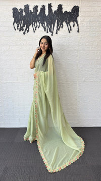Pastel Sage Green Fancy Saree with Embroidery Work Border