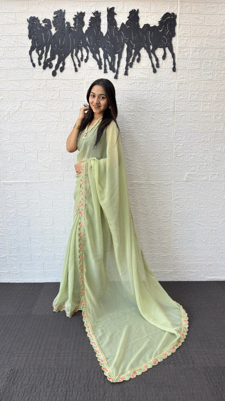 Pastel Sage Green Fancy Saree with Embroidery Work Border