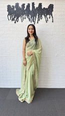 Pastel Sage Green Fancy Saree with Embroidery Work Border