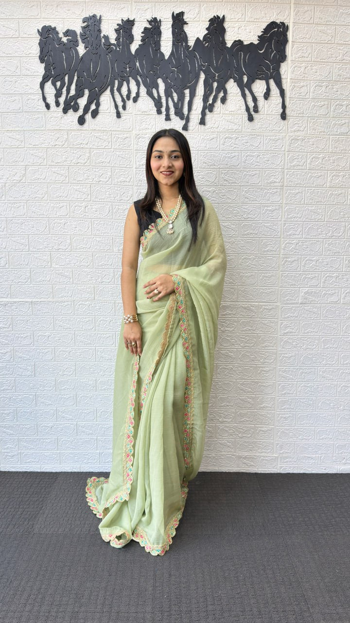 Pastel Sage Green Fancy Saree with Embroidery Work Border