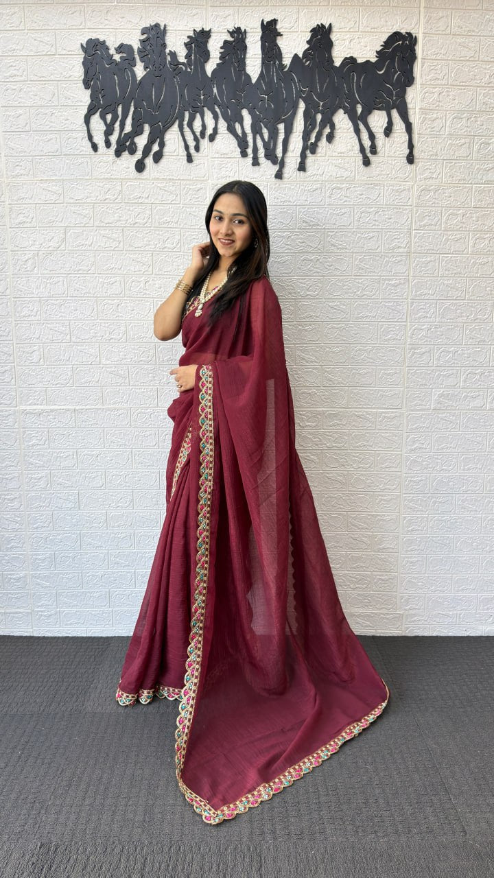 Wine Maroon Fancy Saree with Designer Embroidery Work Border