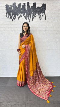 Mustard Yellow Cotton Saree with Kalamkari Inspired Border & Ethnic Designer Pallu