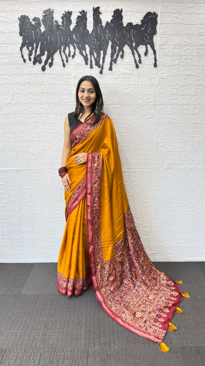 Mustard Yellow Cotton Saree with Kalamkari Inspired Border & Ethnic Designer Pallu