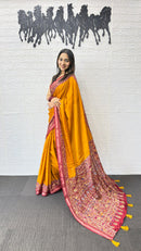 Mustard Yellow Cotton Saree with Kalamkari Inspired Border & Ethnic Designer Pallu