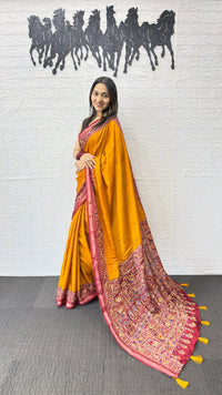 Mustard Yellow Cotton Saree with Kalamkari Inspired Border & Ethnic Designer Pallu