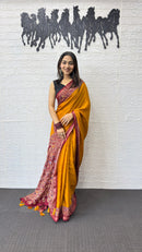 Mustard Yellow Cotton Saree with Kalamkari Inspired Border & Ethnic Designer Pallu