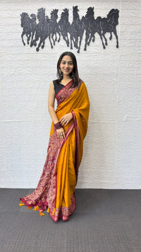 Mustard Yellow Cotton Saree with Kalamkari Inspired Border & Ethnic Designer Pallu