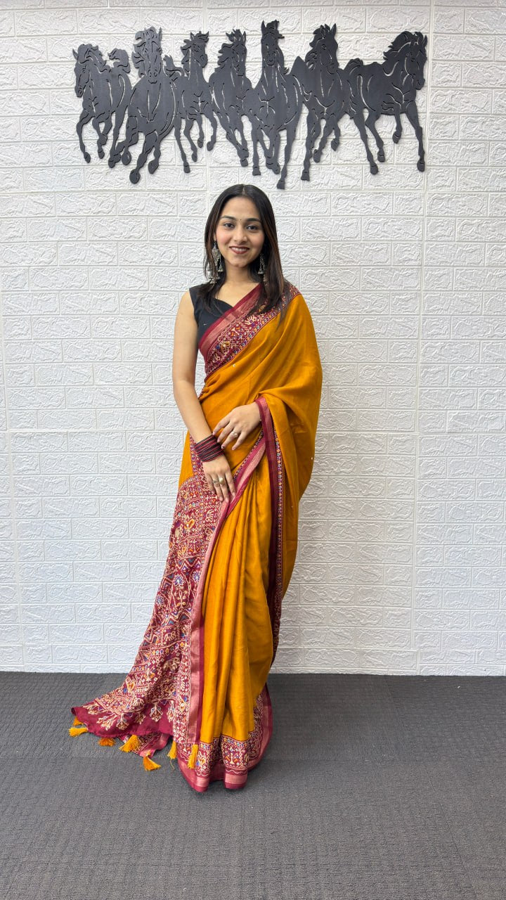Mustard Yellow Cotton Saree with Kalamkari Inspired Border & Ethnic Designer Pallu