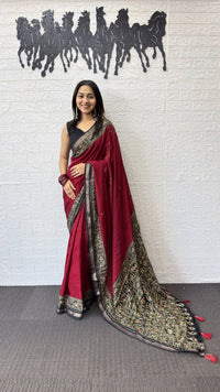 Deep Maroon Cotton Saree with Kalamkari Inspired Border & Ethnic Designer Pallu