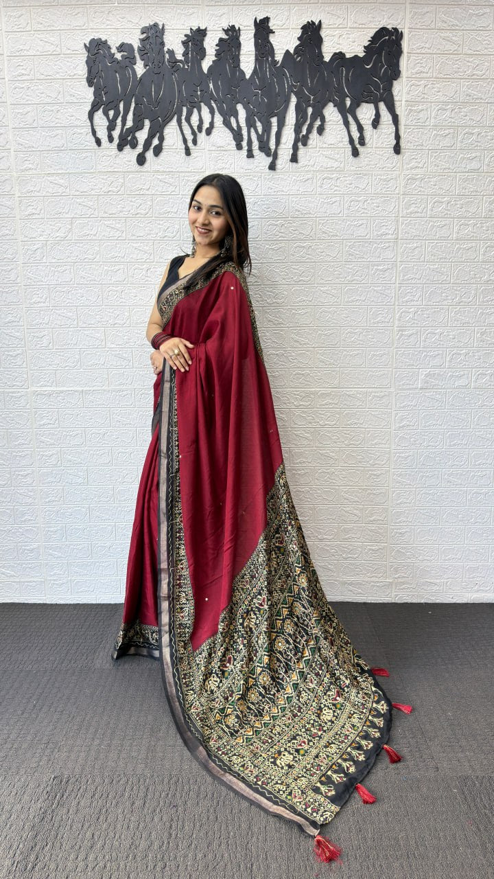 Deep Maroon Cotton Saree with Kalamkari Inspired Border & Ethnic Designer Pallu