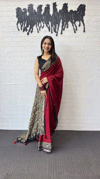 Deep Maroon Cotton Saree with Kalamkari Inspired Border & Ethnic Designer Pallu