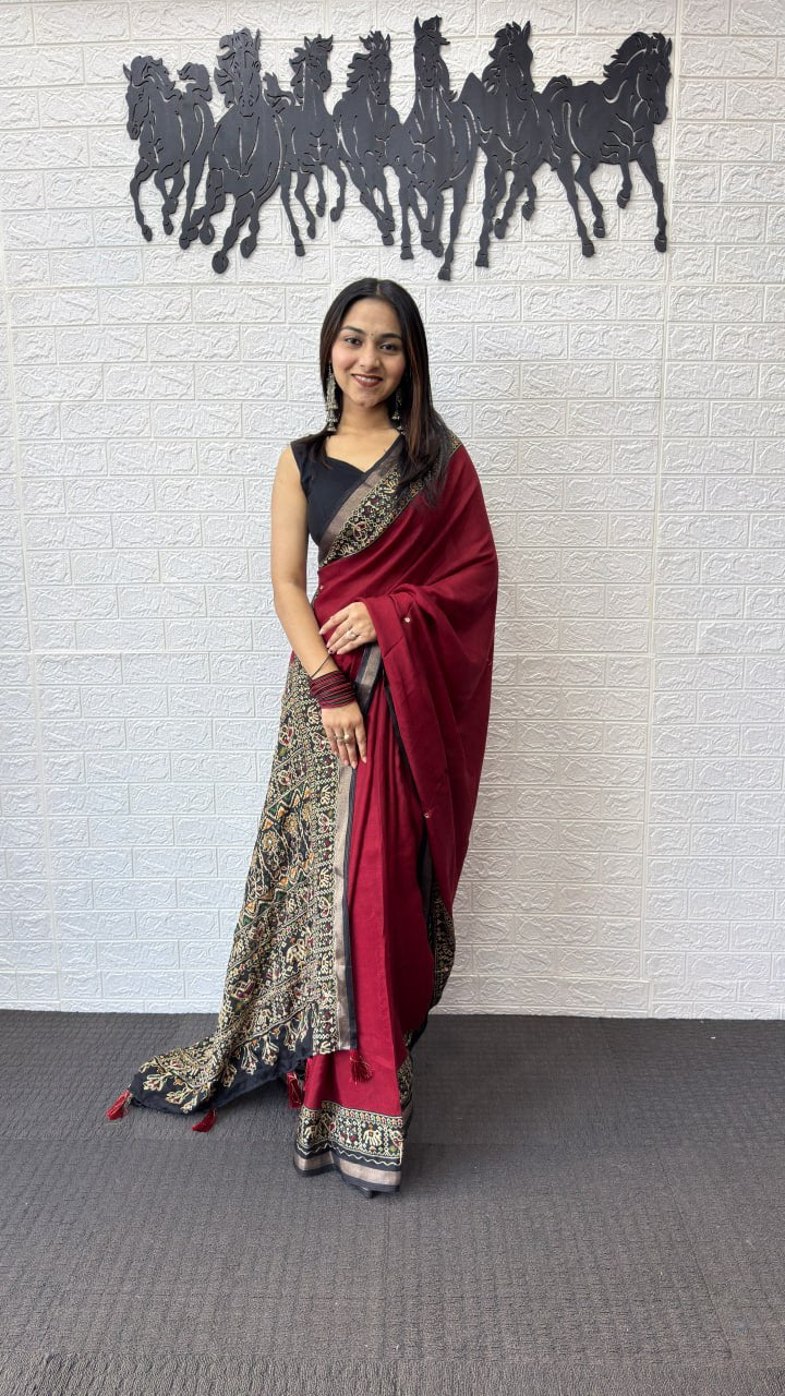 Deep Maroon Cotton Saree with Kalamkari Inspired Border & Ethnic Designer Pallu