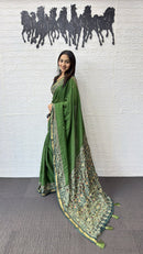 Olive Green Cotton Saree with Kalamkari Inspired Border & Designer Ethnic Pallu