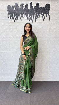 Olive Green Cotton Saree with Kalamkari Inspired Border & Designer Ethnic Pallu
