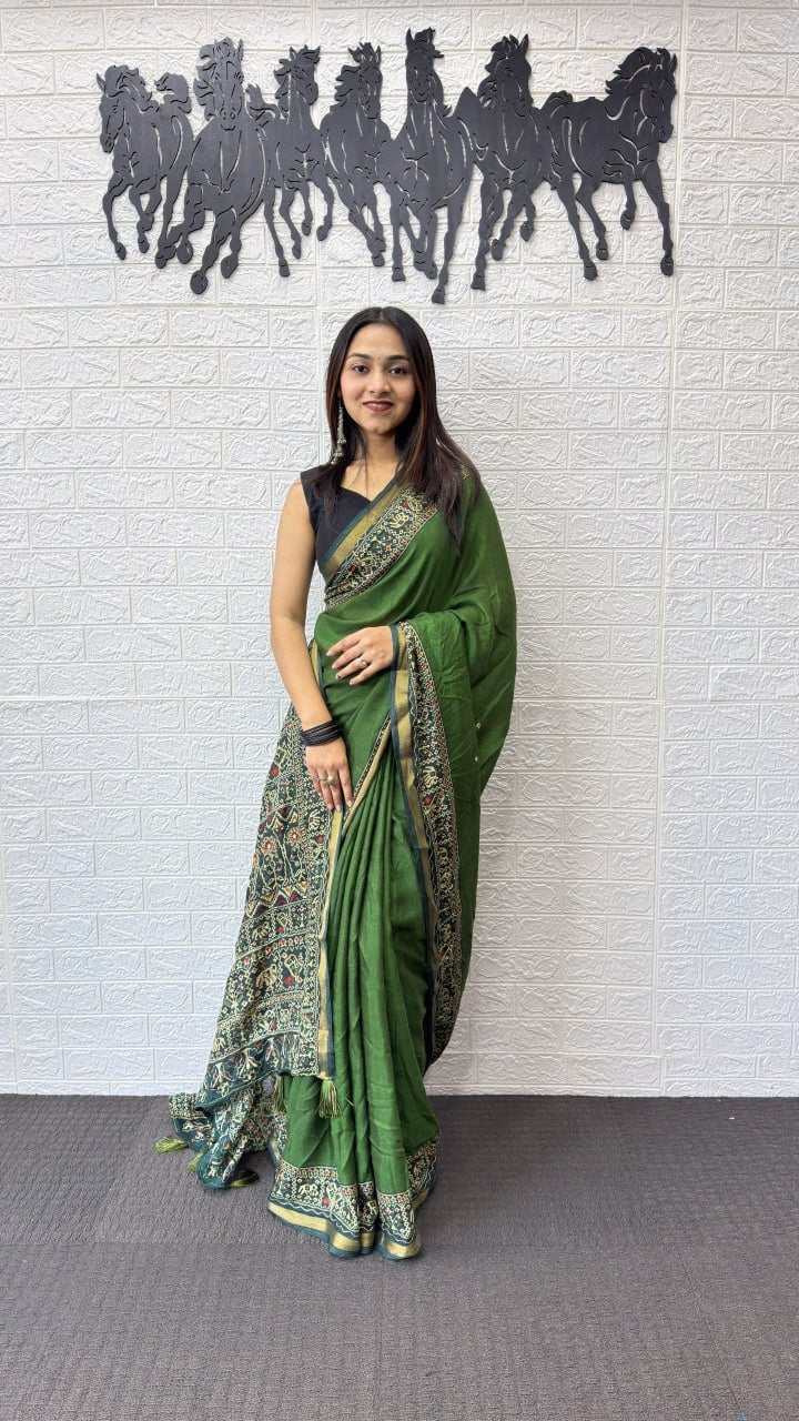Olive Green Cotton Saree with Kalamkari Inspired Border & Designer Ethnic Pallu