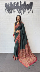 Deep Forest Green Cotton Saree with Kalamkari Inspired Border & Ethnic Designer Pallu