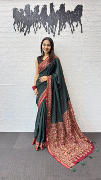 Deep Forest Green Cotton Saree with Kalamkari Inspired Border & Ethnic Designer Pallu