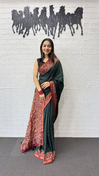 Deep Forest Green Cotton Saree with Kalamkari Inspired Border & Ethnic Designer Pallu