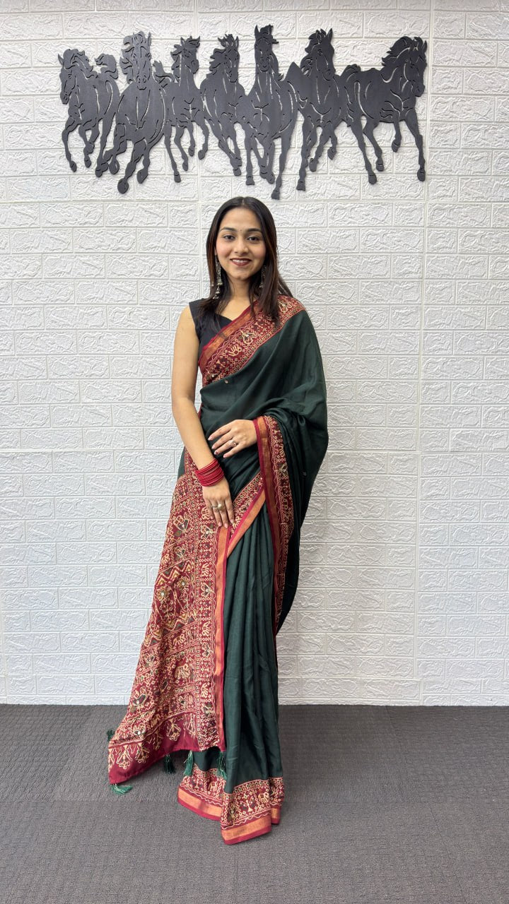 Deep Forest Green Cotton Saree with Kalamkari Inspired Border & Ethnic Designer Pallu