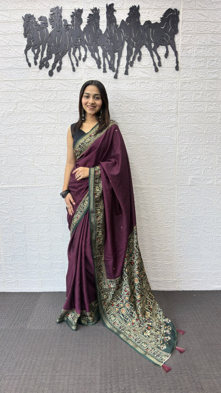Wine Purple Cotton Saree with Traditional Kalamkari Inspired Border & Designer Pallu