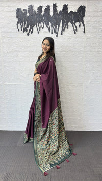 Wine Purple Cotton Saree with Traditional Kalamkari Inspired Border & Designer Pallu