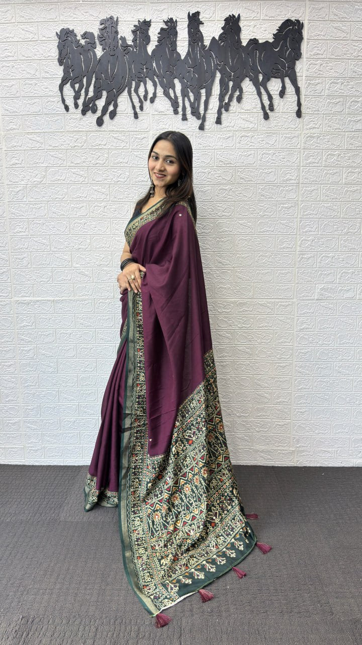 Wine Purple Cotton Saree with Traditional Kalamkari Inspired Border & Designer Pallu