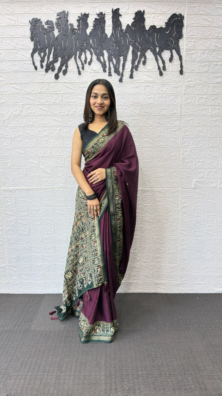 Wine Purple Cotton Saree with Traditional Kalamkari Inspired Border & Designer Pallu