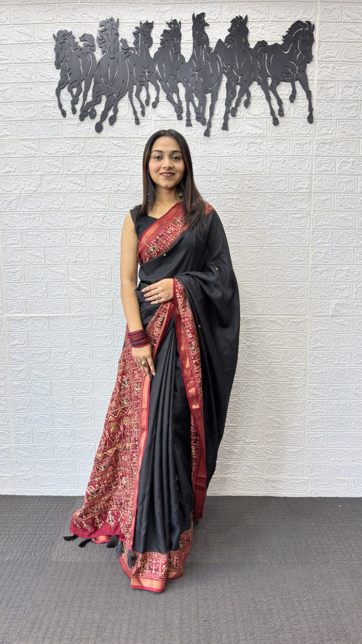 Classic Black Cotton Saree with Traditional Ajrakh Inspired Pallu