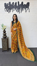 Mustard Yellow Cotton Saree with Tribal Inspired Print & Olive Green Border
