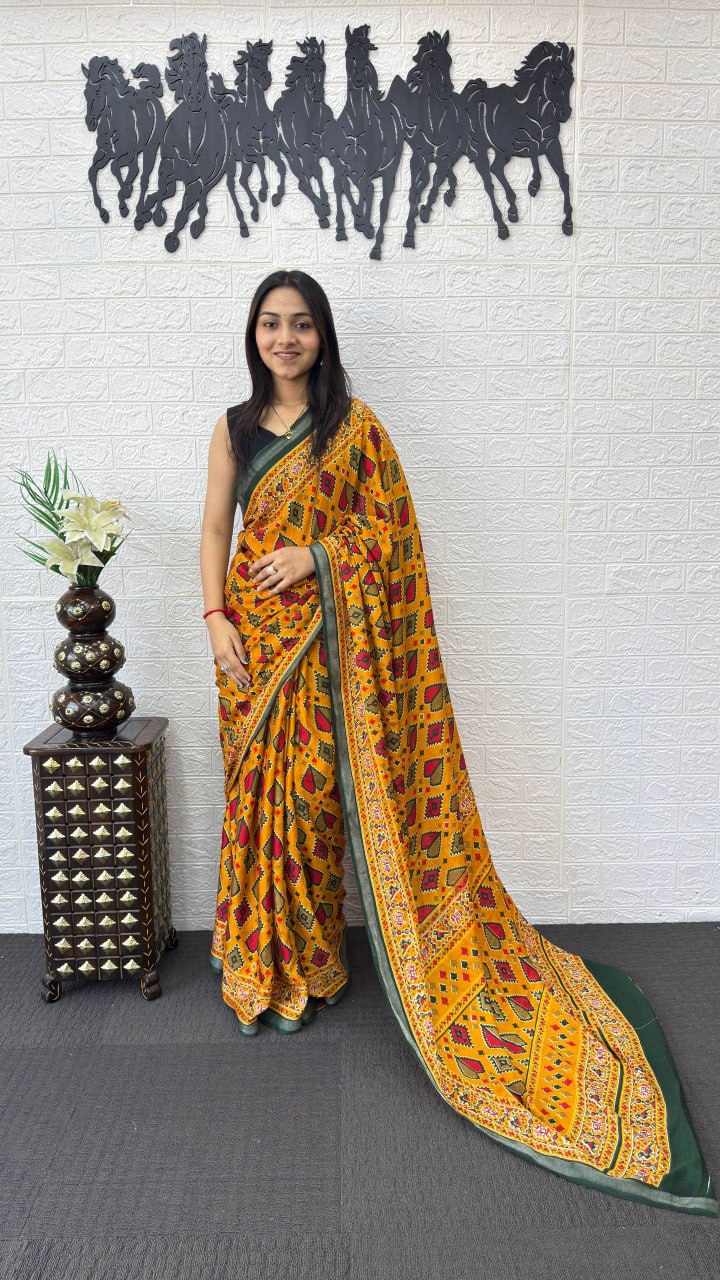 Mustard Yellow Cotton Saree with Tribal Inspired Print & Olive Green Border
