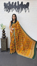 Mustard Yellow Cotton Saree with Tribal Inspired Print & Olive Green Border
