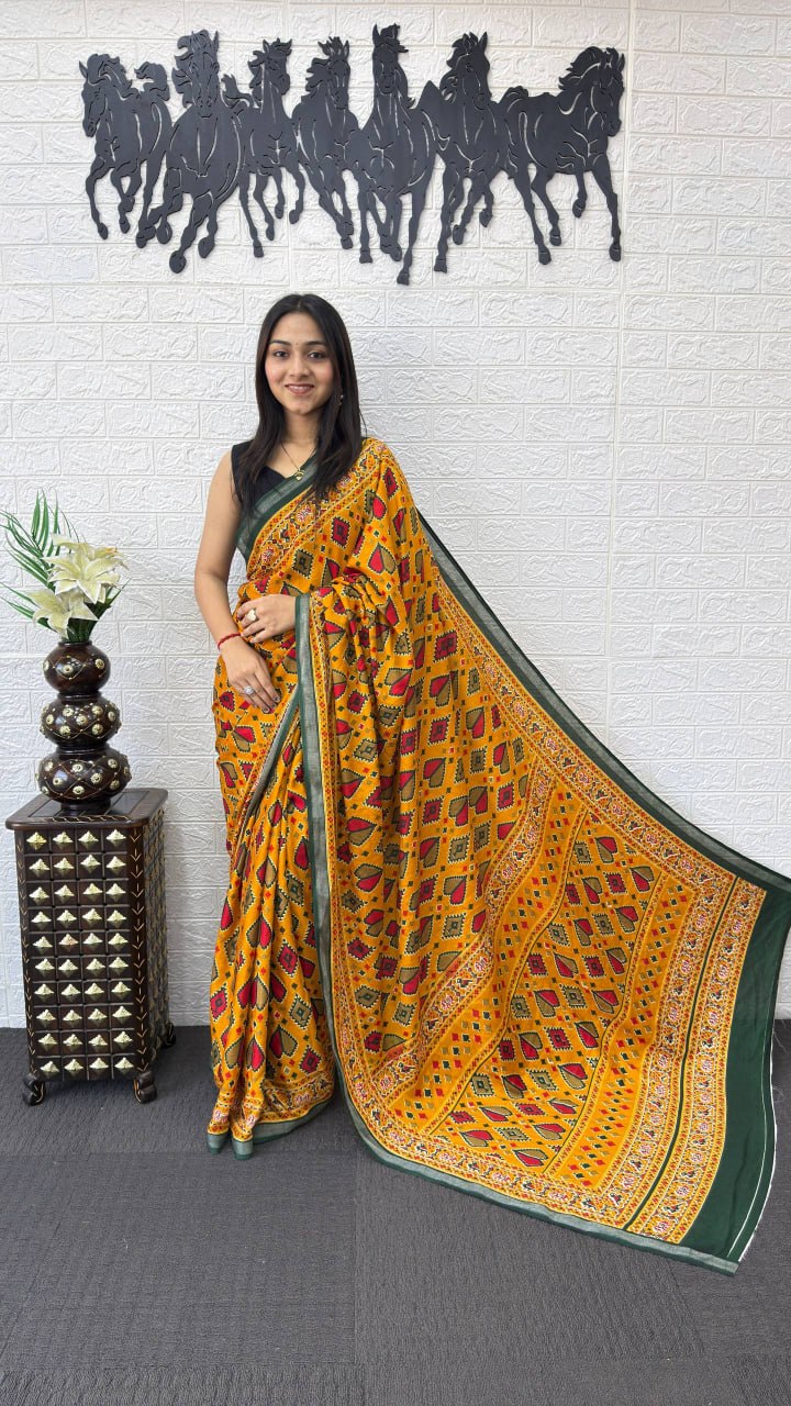 Mustard Yellow Cotton Saree with Tribal Inspired Print & Olive Green Border
