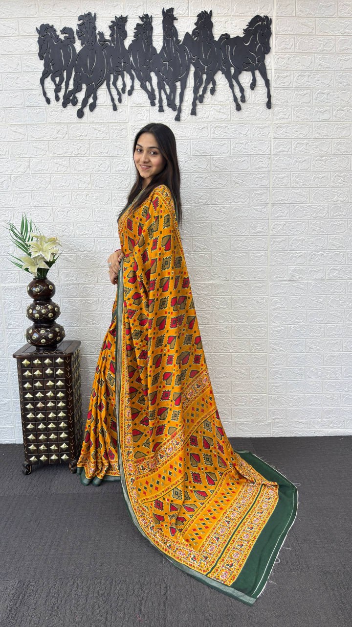 Mustard Yellow Cotton Saree with Tribal Inspired Print & Olive Green Border