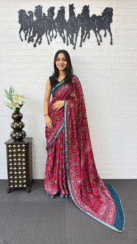 Rani Pink Cotton Saree with Traditional Tribal Print & Teal Blue Border