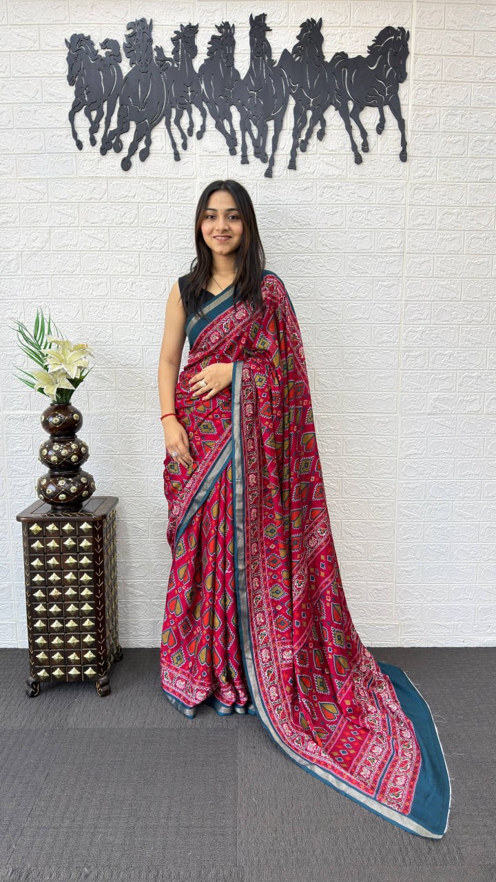 Rani Pink Cotton Saree with Traditional Tribal Print & Teal Blue Border