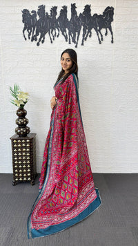 Rani Pink Cotton Saree with Traditional Tribal Print & Teal Blue Border