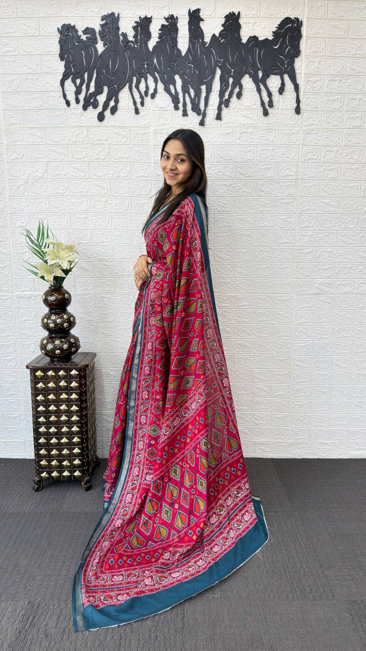 Rani Pink Cotton Saree with Traditional Tribal Print & Teal Blue Border