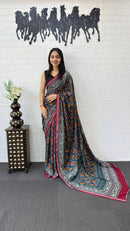 Navy Blue Cotton Saree with Traditional Tribal Print & Pink Border