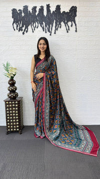 Navy Blue Cotton Saree with Traditional Tribal Print & Pink Border