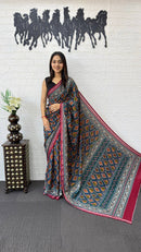 Navy Blue Cotton Saree with Traditional Tribal Print & Pink Border