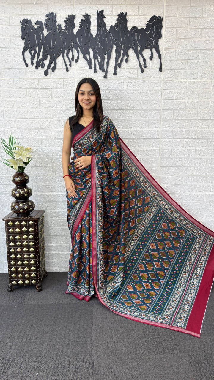 Navy Blue Cotton Saree with Traditional Tribal Print & Pink Border