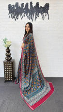 Navy Blue Cotton Saree with Traditional Tribal Print & Pink Border