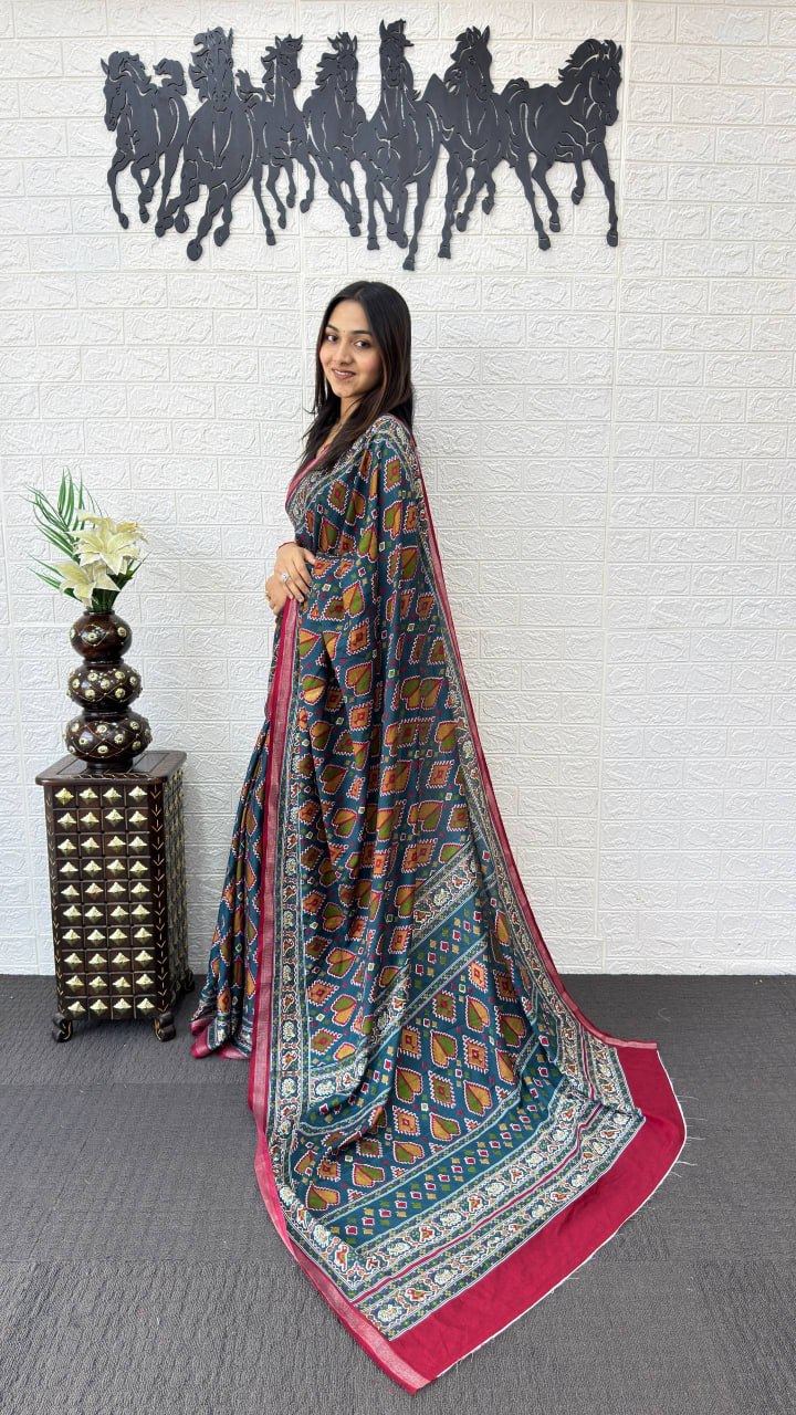 Navy Blue Cotton Saree with Traditional Tribal Print & Pink Border