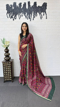 Rani Pink Cotton Saree with Traditional Tribal Print & Olive Green Border