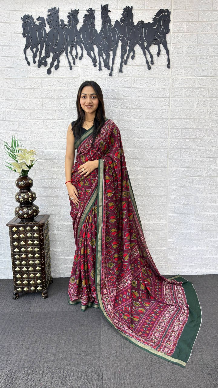 Rani Pink Cotton Saree with Traditional Tribal Print & Olive Green Border